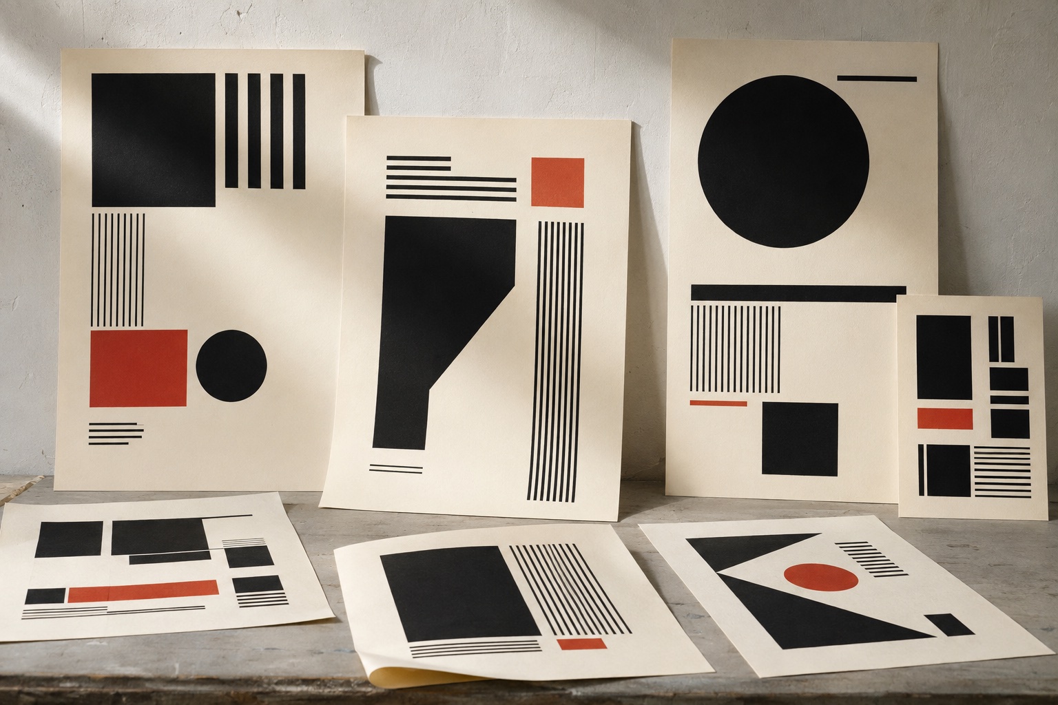 Printed poster compositions from the fictional studio